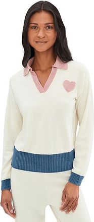 Barefoot Dreams CozyChic Ultra Lite(r) Color Block Heart Collared Pullover Womens Sweatshirt Cream : MD (US 10-12), Nylon/Viscose