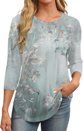 Generic Shirt Womens 3/4 Sleeve Blouse Elegant Pleated Festival Casual Tunic Floral Pattern T-Shirt Retro Tops Womens Blouses Round Neck Long Blouse Summer Ba