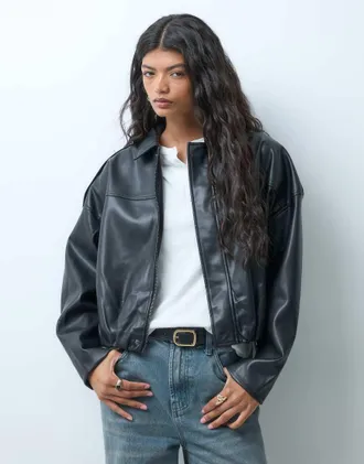Only giacca bomber in pelle sintetica nera-Nero