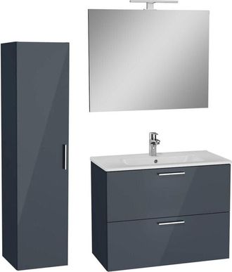 Vitra Set Mia conjunto de muebles 79x61x39,5 cm con espejo, lavabo, iluminación led + armario 145x35x35cm, Antracita alto brillo