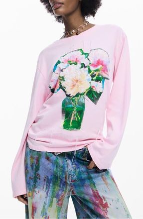 Desigual Floral Long Sleeve Cotton Graphic T-Shirt in Pink at Nordstrom, Size X-Small