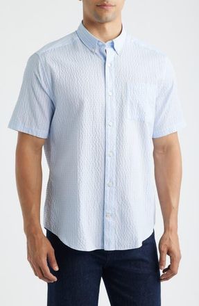 Johnston & Murphy Leland Stripe Short Sleeve Seersucker Button-Down Shirt in Light Blue Striped Seersucker at Nordstrom, Size Xxx-Large