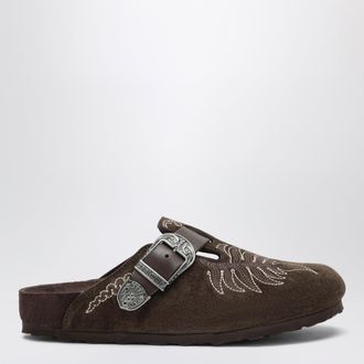 Etro Sabot Boston marrone in suede ricamato