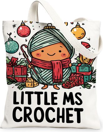 Generic Cute Yarn Character Canvas Tote Bags, Festive Holiday Design Reusable Grocery Bags, Lightweight Washable Shoulder Strap Can, White, 13x15 Inch