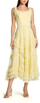 Mac Duggal Scoop Neck Sleeveless Mesh Micro Ruffle Midi Dress in Buttercup at Nordstrom, Size 12