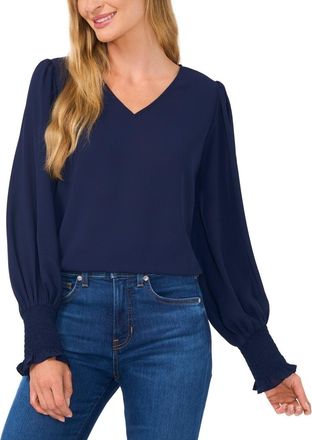 CeCe by Cynthia Steffe Cece Top Womens Blue Smocked Puff Sleeve V-Neck Blouse Preppy Modest ERK1313