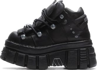 New Rock Zwarte leren torenlaarzen - Dames - Veterlaarzen - Zwart - 44 EU - Leer - Schoenen