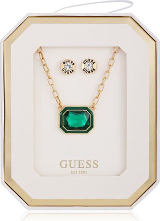 Guess Pendant Necklace & Stud Earrings Set in Gold/green at Nordstrom Rack