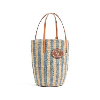 Valentino Garavani Hand-Woven Raffia Striped Tote Bag - Blue