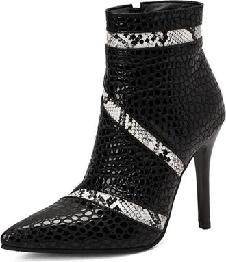 Generic Womens Pointed Toe Ankle Boots Snakeskin Crocodile Print Straps PU Leather Stiletto Heels Slip On Comfortable Non Slip Durable for Party,Black White,3