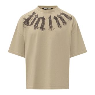 Palm Angels T-Shirts, male, Beige, Size: XL Big Neck Logo Loose T-Shirt