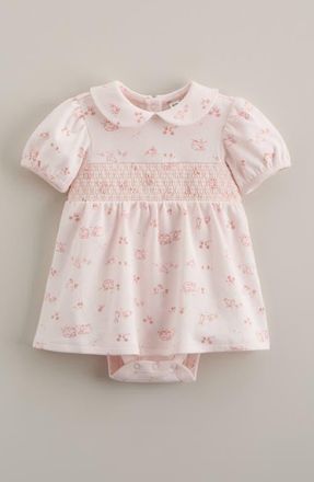 Nordstrom Smocked Waist Skirted Cotton Blend Bodysuit in Pink Heaven Pasture Toile at Nordstrom, Size 12M
