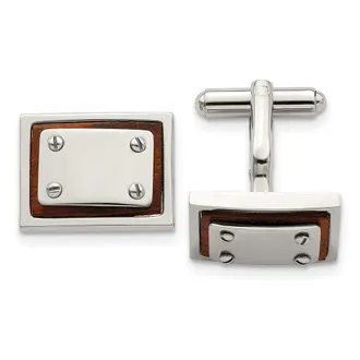 Diamond2Deal Stainless Steel Polished Koa Wood Inlay Rectangle Cufflinks