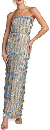 Mac Duggal Beaded Sequin Mesh Strapless Ankle Dress in Nude Blue at Nordstrom, Size 10