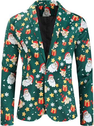 Generic Mens Christmas Blazer Mens Christmas Suit Xmas Tree Printed Party Lapel Single Button Long Sleeved Suit Sports Jacket Lightweight Pocket Suit Classic 