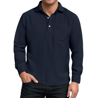 Generic Mens Corduroy Polo Shirt Long Sleeve Collared Shirt with Chest Pocket and Button Placket Comfortable Regular Fit for Work Office and Autumn Fall Wear(