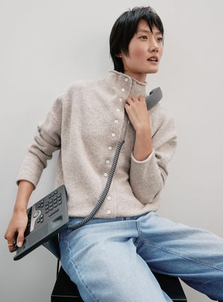 Contemporaine Womens Plush funnel-neck Cardigan Sweater