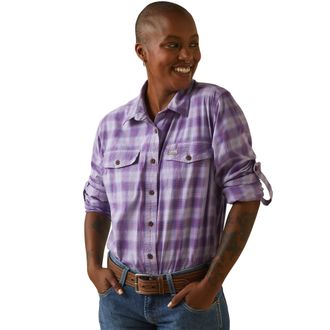 Ariat Womens Rebar Made Tough DuraStretch Work Shirt Long Sleeve in Lavendar Plaid Cotton, Size X-Small, by Ariat