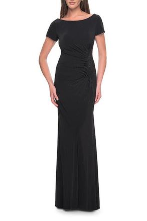 La Femme Long Jersey Evening Dress with Rhinestone Details in Black at Nordstrom, Size 16