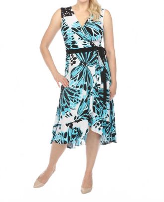 Joseph Ribkoff Butterfly Print Faux Wrap Hi-Low Midi Dress In Vanilla/multi