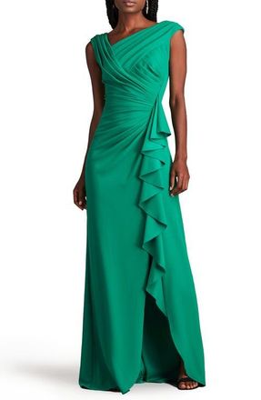 Tadashi Shoji Asymmetric Neck Side Ruffle Fit & Flare Gown in Aloe Green at Nordstrom, Size X-Small