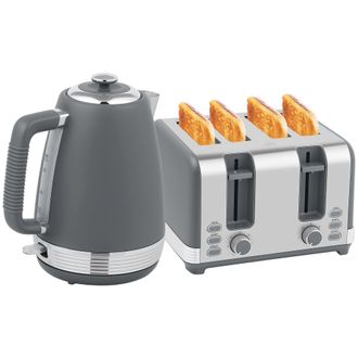 HOMCOM 1.7L 3000W Quick Boil Kettle and 4 Slice Toaster Set Crumb Tray - Grey | TJ Hughes