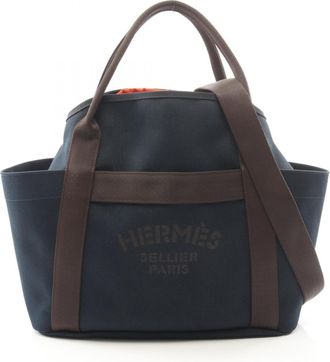 Herm&egrave;s Brown Feu Navy Toile Chevron Handbag Tote Bag (Pre-Owned)