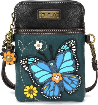 Chala Cell Phone Crossbody Purse-Women PU Leather/Canvas Multicolor Handbag with Adjustable Strap - Blue Butterfly - turquoise