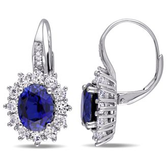 Mimi & Max 8.06 CT TGW Created Blue and White Sapphire and Halo Diamond Leverback Earrings in Sterling Silver