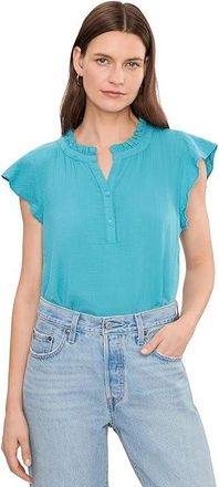 Mod-o-doc Gauze Flutter Cap Sleeve Ruffle Neck Henley Shirt Womens Clothing Aqua Mist : LG (US 12-14), Cotton