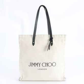 Jimmy Choo London Black Off-White Leather Canvas Handbag Tote Bag (Pre-Owned)