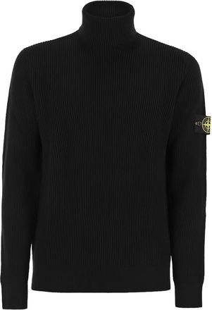 Stone Island Black Wool Turtleneck Sweater With Logo Patch