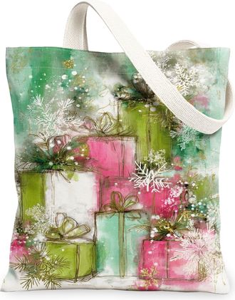 Generic Christmas Gifts Canvas Tote Bags, Holiday Present Design Reusable Grocery Bags, Winter Floral Lightweight Washable Shoulder, Green, 13x15 Inch