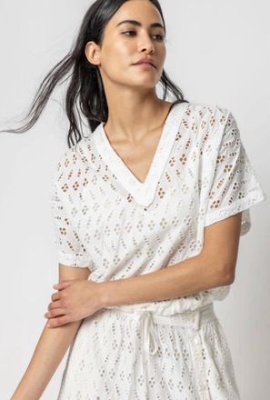 Lilla P Eyelet Drawstring Dolman V-Neck Top In White