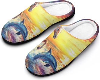 Generic Horse Dolphin Sunset Mens House Slippers Memory Foam Washable Cotton Slip on Home Shoes