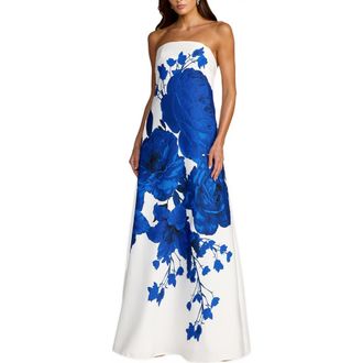 Mac Duggal Floral Printed Crepe Strapless Trapeze Gown in White Multi at Nordstrom, Size X-Large