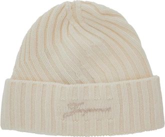 Jacquemus Witte Beanie met Logo Tekst - Heren - Hoeden - Wit - ONE Size - Wol - Accessoires