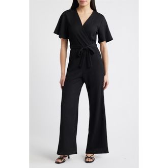 Loveappella Flutter Sleeve Textured Jumpsuit in Black at Nordstrom, Size X-Large