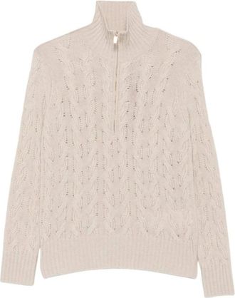 Max Mara Pullover met kabelsteek en rits - Dames - Coltruien - Beige - M - Truien & Vesten