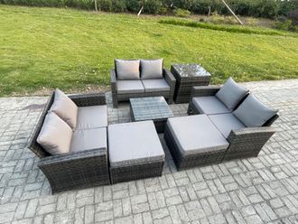 Fimous Outdoor Lounge Sofa Set Wicker PE Rattan Garden Furniture Set with Square Coffee Table Double Seat Sofa 2 Big Footstool in Dark Grey
