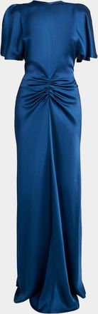 Victoria Beckham Gathered Waist Flutter-Sleeve Satin Gown