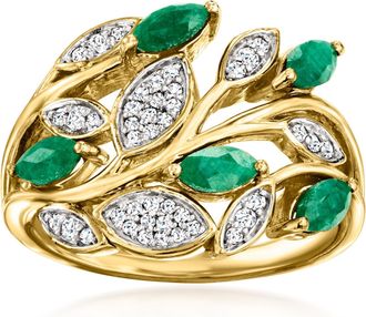 Ross-Simons Emerald and. White Topaz Leaf Ring in 18kt Gold Over Sterling