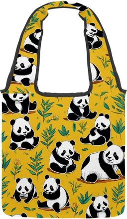 Generic Cute Panda on Yellow Reversible Canvas Shoulder Tote - Double-Sided Print, 12oz Cotton, 27cm Drop, Fold-Flat Bag for Travel, Shopping, Street Outings