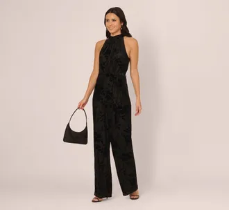 Adrianna Papell Sleeveless Floral Burnout Velvet Jumpsuit In Black