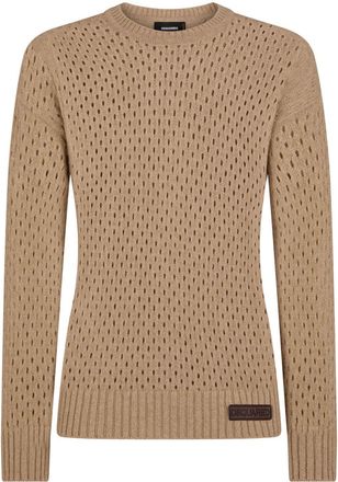 Dsquared2 logo-patch pointelle-knit jumper - men - Calf Leather/Alpaca Wool - M - Neutrals