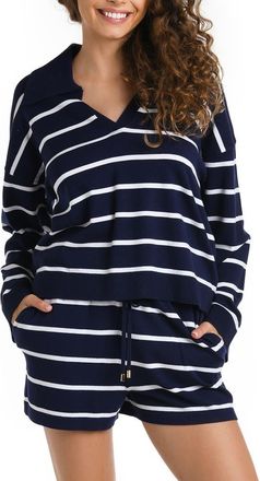 La Blanca Yacht Stripe Cover-Up Top in Indigo at Nordstrom, Size X-Large