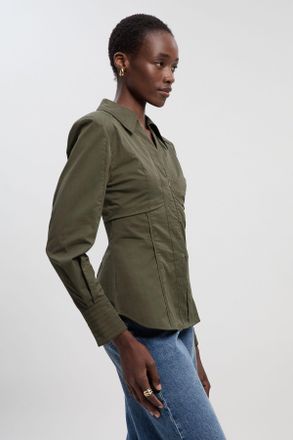 Karen Millen Womens Pleated Detail Cotton Woven Long Sleeve Shirt - Green - Size 14 UK