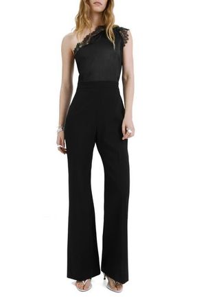 Mango Lace Detail One-Shoulder Jumpsuit in Black at Nordstrom, Size Medium