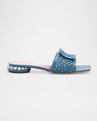 Roger Vivier Raffia Crystal Buckle Mule Sandals