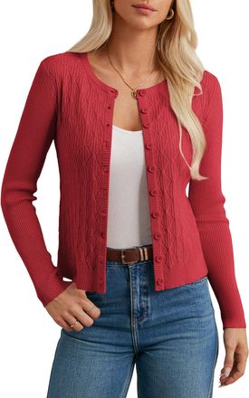 Grace Karin Ladies Winter Elegant Button-up Womens Cardigans, Womens Clothing, Crew Neck Long Sleeve Knitwear Slim Fit Sweater Red XL